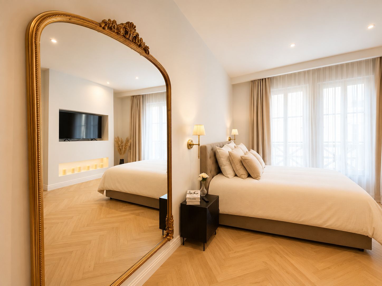 Suite romantique Studio Alesia Caen - chambre avec grand miroir baroque dore et lit king size